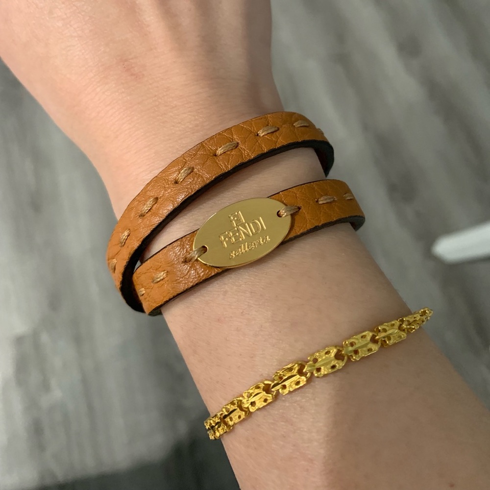 Fendi Selleria Tan & Gold Leather Wrap Bracelet